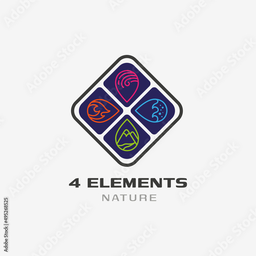 Four element nature icon logo vector. Abstract Wind, Air, fire, water, earth symbol design concept.
