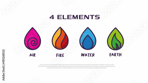 Four element nature icon logo vector. Abstract Wind, Air, fire, water, earth symbol like water drop design concept.