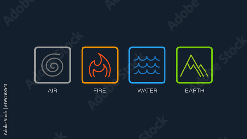 Four element nature icon logo vector. Abstract Wind, Air, fire, water, earth symbol with modern style design concept.