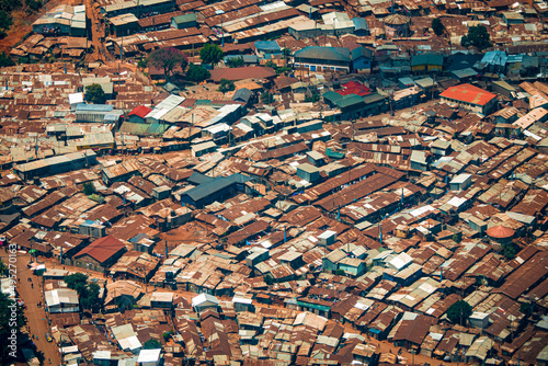 Aerial view of corrugated iron huts at the Nairobi downtown Kibera slum neighborhood, Nairobi, Kenya, East Africa, one of the largest slums in Africa photo