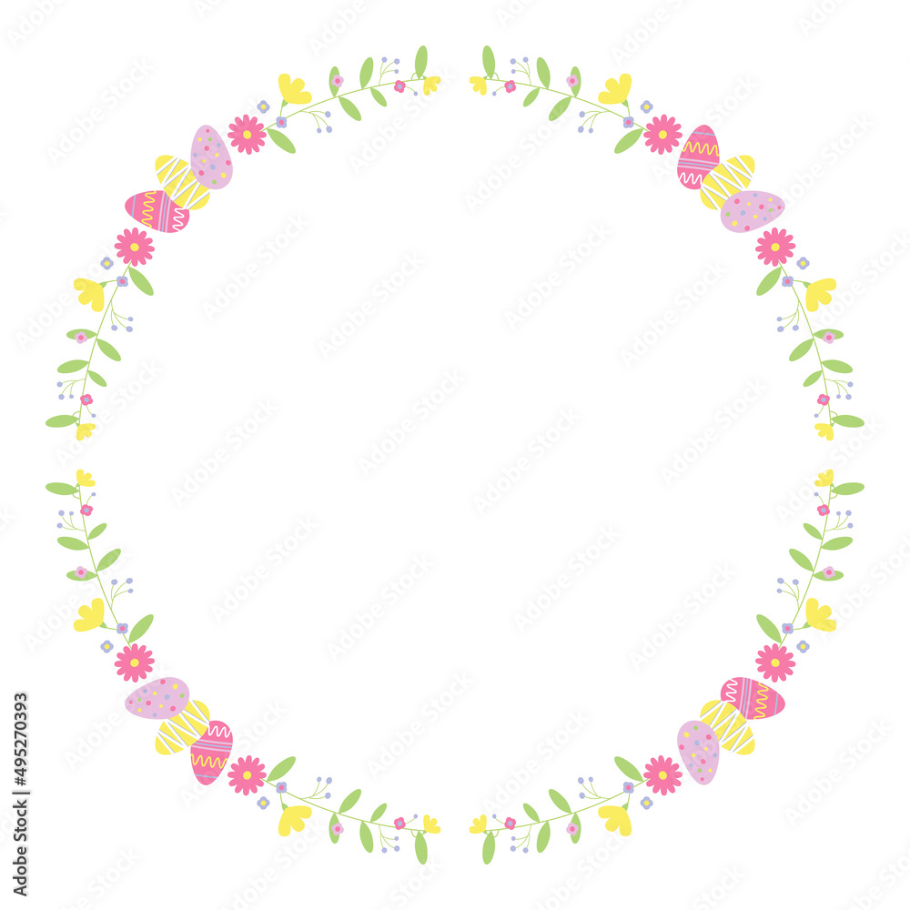 Easter eggs round frame with floral decor. Floral holiday vector illustration Easter eggs round frame with floral decor. Floral holiday vector illustration