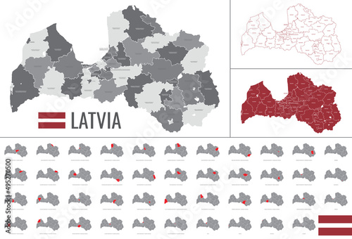 Detailed vector map of regions of Latvia with flag
