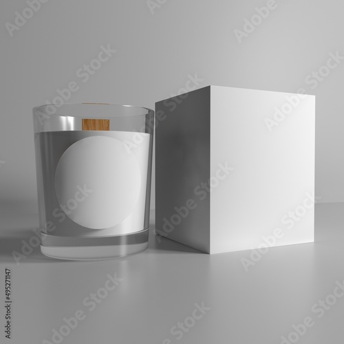 3D rendering. An empty white candle in a glass jar with a round white plotter sticker and a box. sticker mockup, packaging