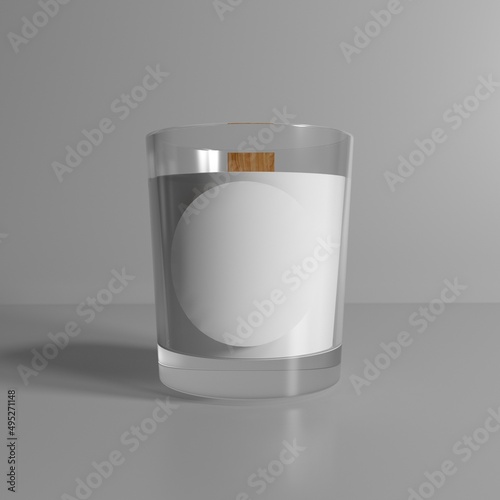 3D rendering. An empty white candle in a glass jar with a round white cut-off plotter sticker. mockup stickers