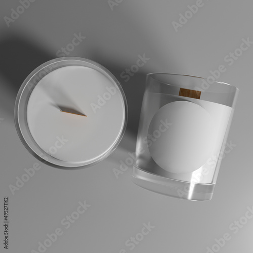 3D rendering. An empty white candle in a glass jar with a round white cut-off plotter sticker. mockup stickers photo