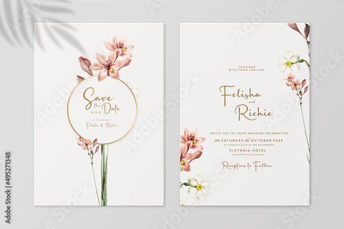 Floral Wedding Invitation and Save the Date with Red Flower