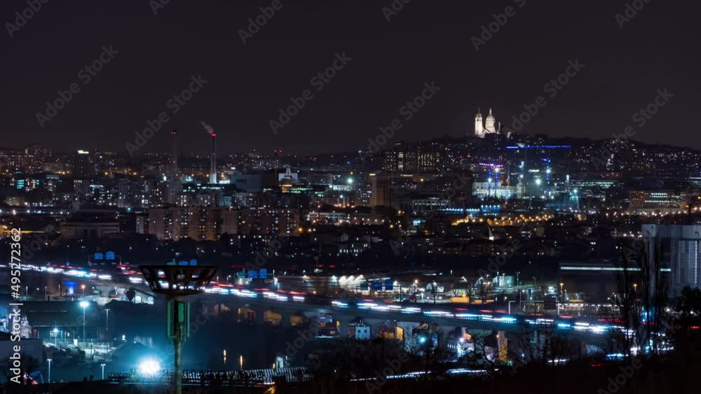 Sacred Heart Basilica Above Night Highway Traffic in Paris Sacred Heart Basilica Above Night Highway Traffic in Paris