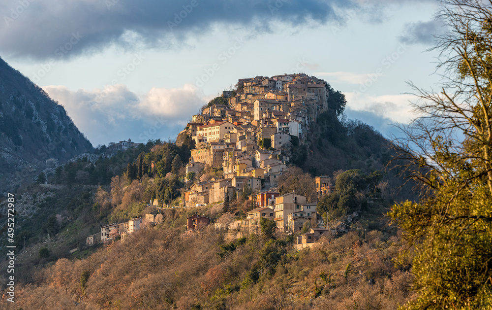 The scenographic village of Rocca Canterano in the late afternoon, in the Province of Rome, Lazio, central Italy.
