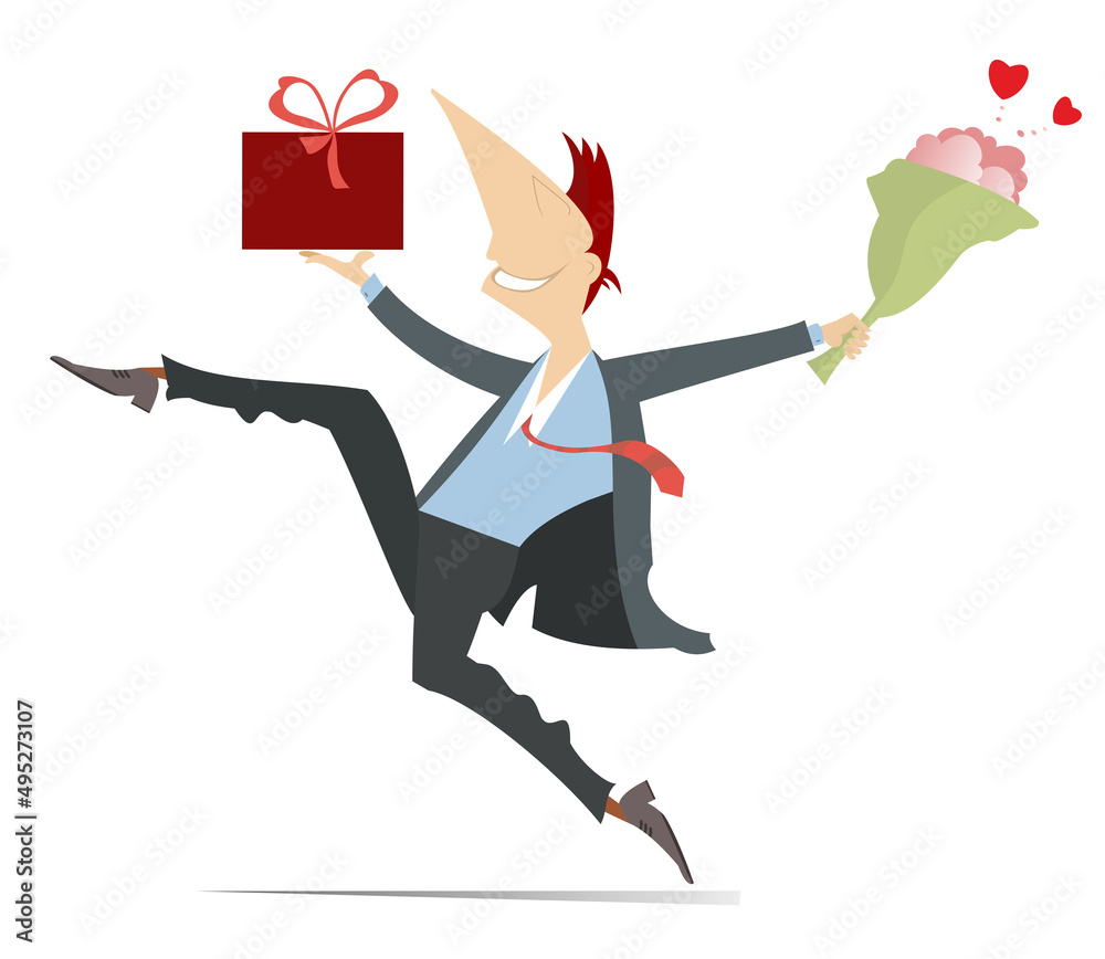 Fototapeta premium Running man holding a bunch of flowers and present box illustration. Heart symbol. Smiling man hurries to give to woman a bunch of flowers and a present isolated on white background 
