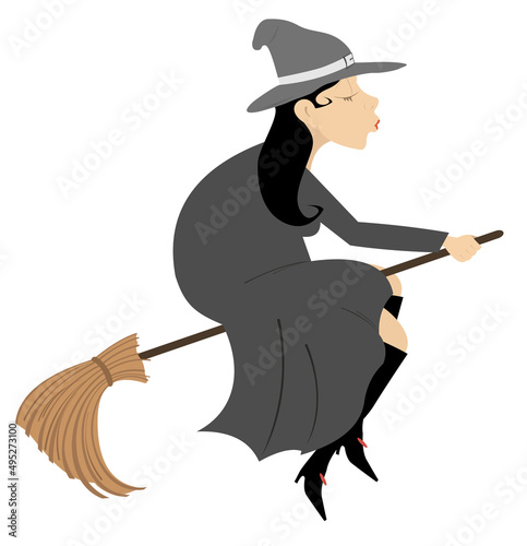 Beautiful woman witch flying on a broom. Beautiful woman witch flying on a broom, pop art retro illustration. Halloween character isolated on a white background 