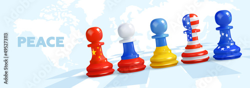 Chess set with flags of Russia, Ukraine, USA, China and EU-European Union. Metaphor of conflict. Vector realistic illustration