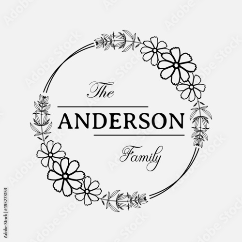 family monogram frame with floral decoration vector illustration, emblem badge monogram with blank space for family, greeting and wedding