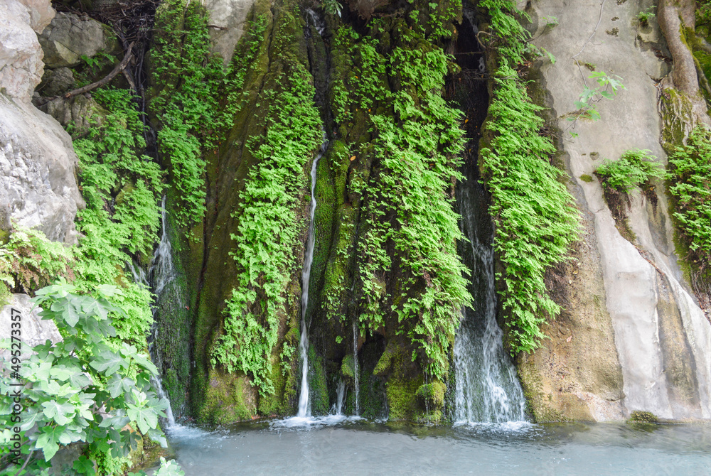 Rock with waterfalls, overgrown with moss and green plants in the Goynuk Gorge. Turkey. Rock with waterfalls, overgrown with moss and green plants in the Goynuk Gorge. Turkey.