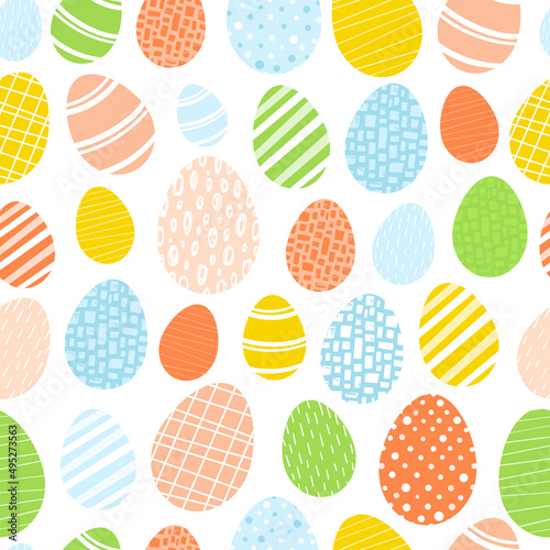 Easter pattern cute bright eggs with a variety of patterns. Seamless background. Spring holiday palette. Printing on fabric, napkins, postcards. Vector illustration, hand drawn