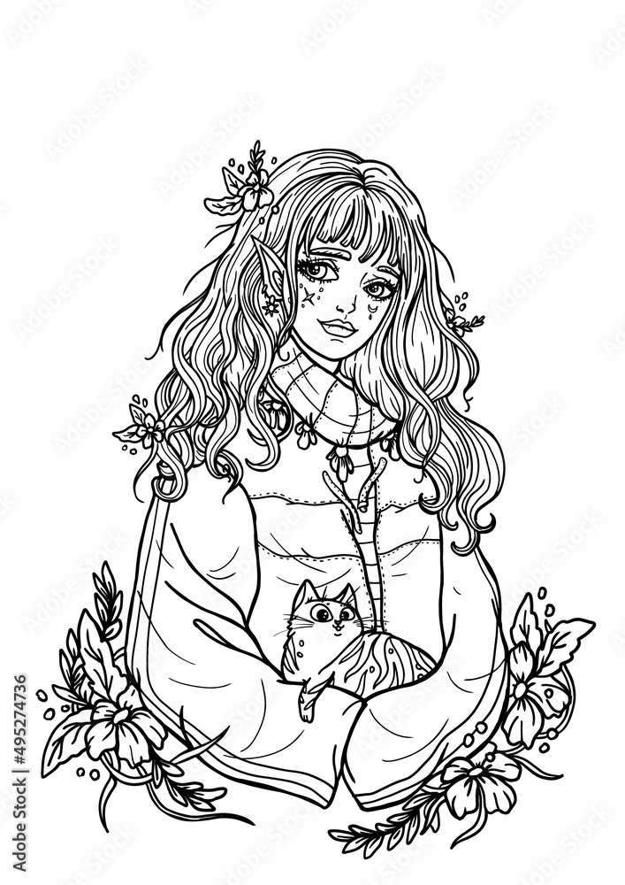 Charming cartoon schoolgirl close-up, cute magical girl with pointed ears and big eyes, with long hair and glowing flowers, fairytale character in a sports jacket with a tabby cat in her arms.