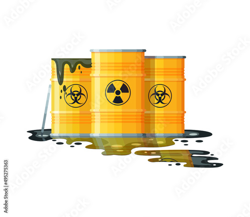 Barrels hazard liquid. Radioactive contamination of industrial waste, hazardous chemical materials, toxic environmental pollution, barrel danger substance vector. Illustration of radioactive pollution