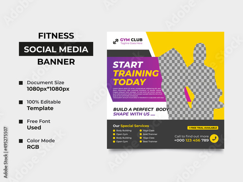 gym club social media banner template design with a cropped image placement, professional eye-catchy gradient color used in the design. Well organized, fully editable vector square banner, eps 10