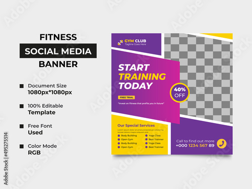 gym club social media banner template design with an image placement, professional eye-catchy gradient color used in the design. Well organized, fully editable vector square banner, eps 10 version