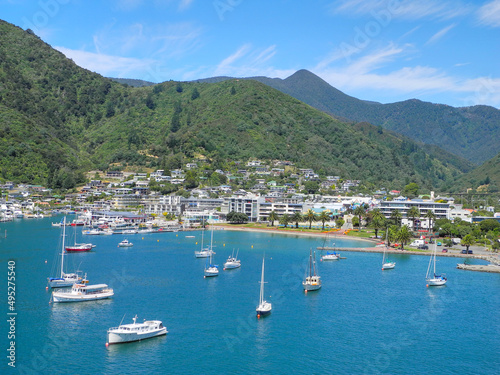 Boats in the beautiful blue sea in New Zealand. 