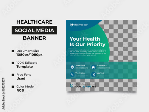 creative healthcare social media post template design with two images placement, professional gradient color used in the template. fully editable, well organized, eye-catchy design. vector eps 10
