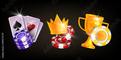 Casino icon set, vector poker Vegas gambling logo kit, golden winner cup, chips, royal victory crown. Lucky badge on black, web tournament trophy gift, blackjack playing cards. 3D casino icons