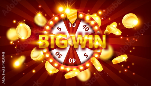 Big win casino banner, vector jackpot prize game sign, retro lucky wheel, light bulb, flying gold coins. Lottery winner celebration background, fortune spin bonus illustration. Big win promotion