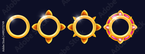 Game frame UI vector set, golden medieval avatar circle kit, royal user interface raking icons on black. Decoration level up award, jewelry prize, pink gemstone, RPG gambling panel. Mobile game frame