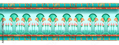 Egypt seamless border, Egyptian antique vector ornament, ancient lotus pattern, folk abstract background. Floral vintage nouveau design element Africa ethnic motif. Traditional Egypt stone tile border