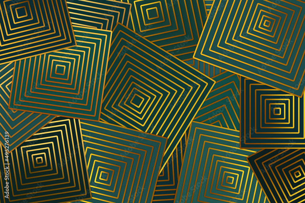 seamless geometric pattern golden shiny lines on the shapes royal green wallpaper of boxes. trendy creative design of squares for the background