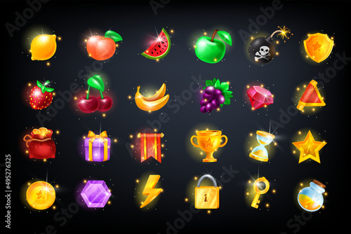 Casino slot icon set, vector game UI badge kit, gambling machine design elements, fruit, golden coin. Online mobile app clipart, cherry, green apple, winner cup, gift box, reward trophy. Casino icon