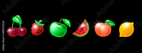 Casino slot fruit icon kit, vector game gambling machine badge set, glossy fresh apple, cherry, strawberry. 3D lucky win delicious UI design elements, watermelon, peach, lemon. Isolated casino fruit
