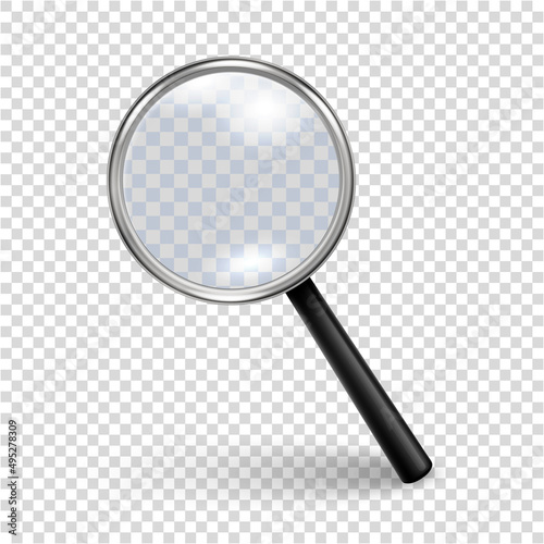 Vector 3d Realistic Magnifying Glass or Loup Icon Closeup Isolated on Transparency Grid Background. Design Template of Magnifying Glass Icon for Graphics. Front View