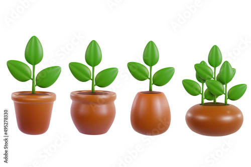 Set green plants in pot isolated on white background. Collection realistic modern minimal design elements. 3d vector illustration.