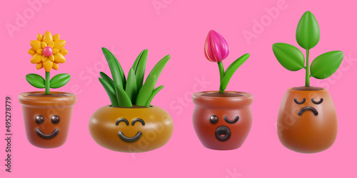 Set funny houseplant in cute kawaii style isolated on pink background. Collection realistic minimal happy character element. 3d vector illustration. photo