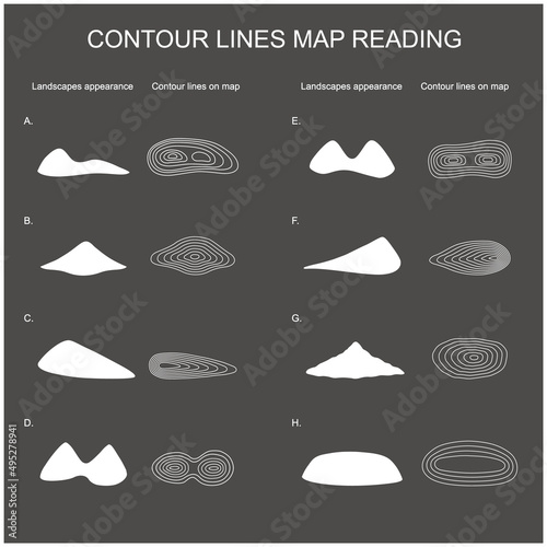 contour line, map, line, read, weather forecast, write, land, mountains, vector, illustration, sea level, plateau, mountain range, hillside, coast, mountains, landscape, geography, ridge, lowland, lag