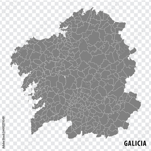 Blank map Galicia of Spain. High quality map Comarcas of Galicia on transparent background for your web site design, logo, app, UI. Spain. EPS10.