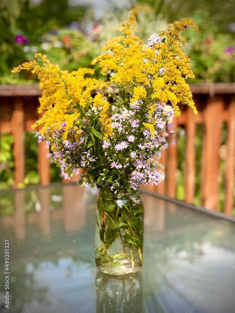 Rustic bouquet of summer flowers. Solidago/ Goldenrod and purple asters in the jar.