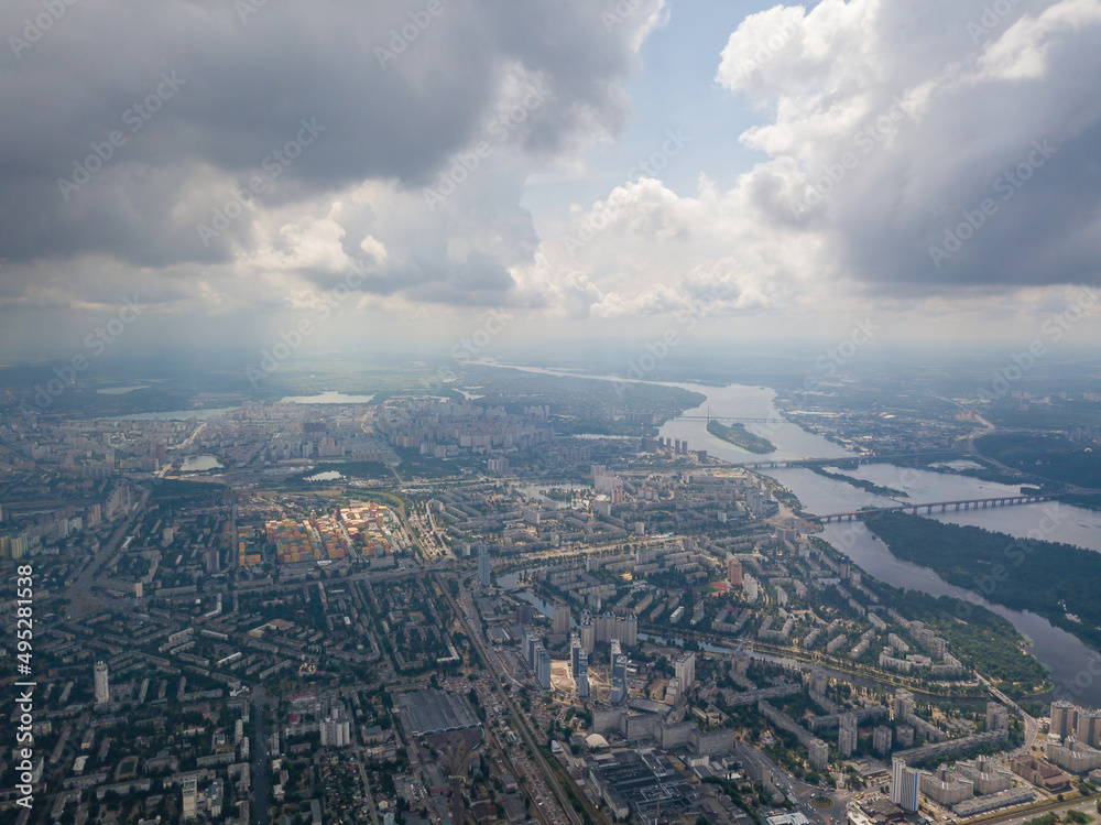 High flight over Kiev. Cloudy day. Aerial drone view. High flight over Kiev. Cloudy day. Aerial drone view.