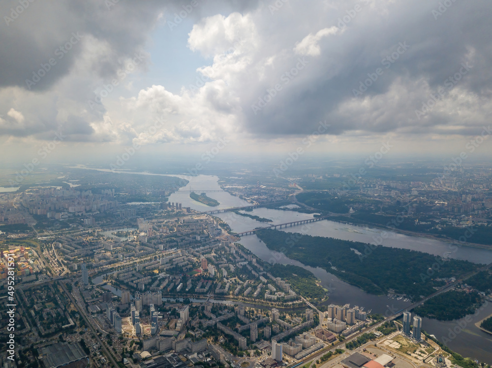 High flight over Kiev. Cloudy day. Aerial drone view.