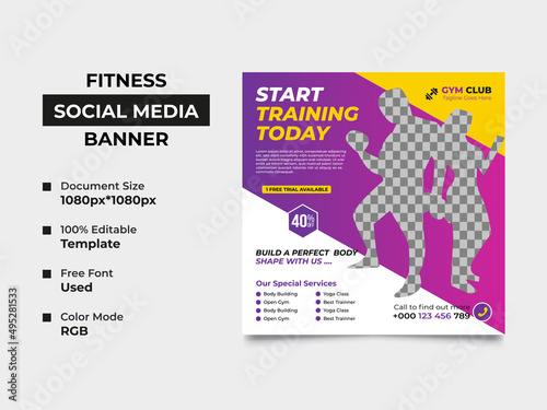 gym club social media banner template design with a cropped image placement, professional eye-catchy gradient color used in the design. Well organized, fully editable vector square banner, eps 10