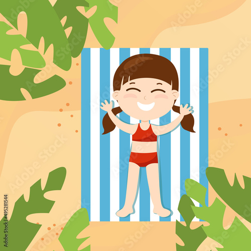 A girl in a bathing suit lies on a blanket in the sand and sunbathes. Cartoon flat style summer holiday and fun. The child is happy and cheerful.