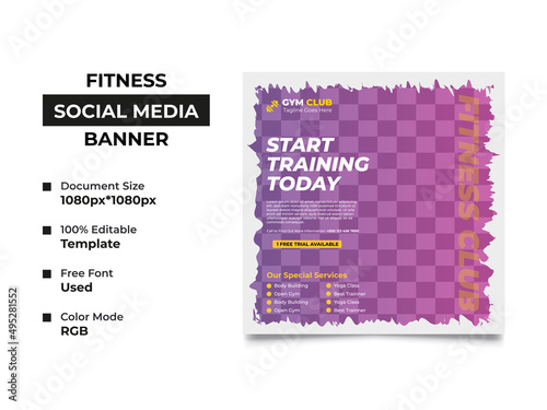 gym club social media banner brush stroke template design with an image placement, professional eye-catchy gradient color used in the design. Well organized, editable vector square banner, eps 10