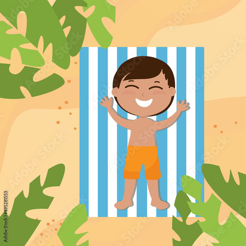 A charming boy in shorts lies on a blanket on the sand and sunbathes. The child is happy and cheerful and smiling. Cartoon flat style summer holiday and fun.