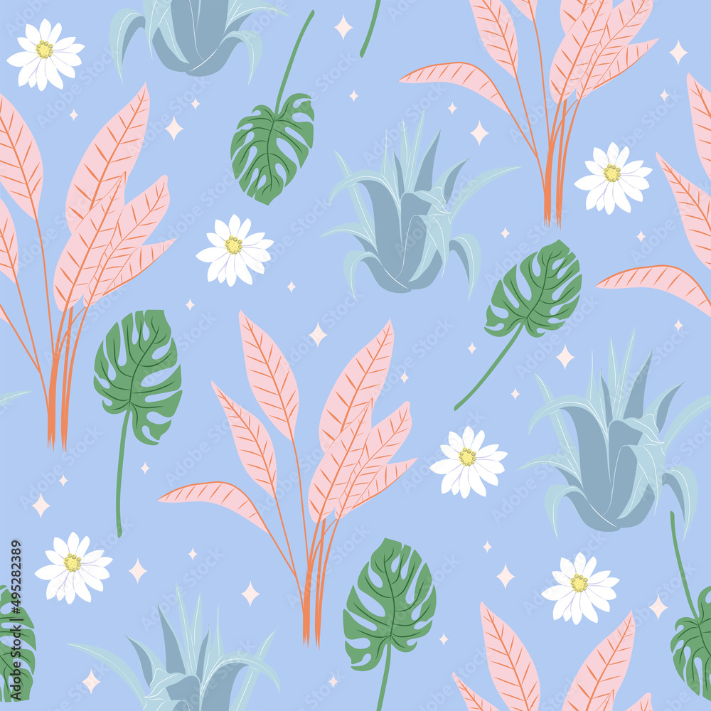 Fototapeta premium Tropical floral seamless pattern. Cute background with daisy flowers and monstera leaves.