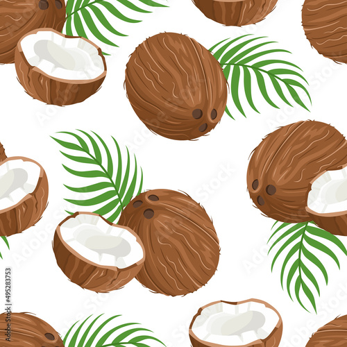Coconuts background. Seamless vector pattern with whole and halves of coconut and green palm leaves. Cartoon flat illustration.