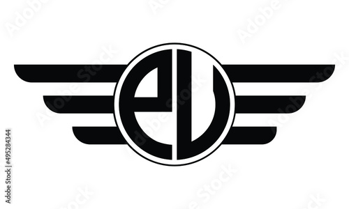 PU two letter monogram type circle letter logo with wings vector logo design template.