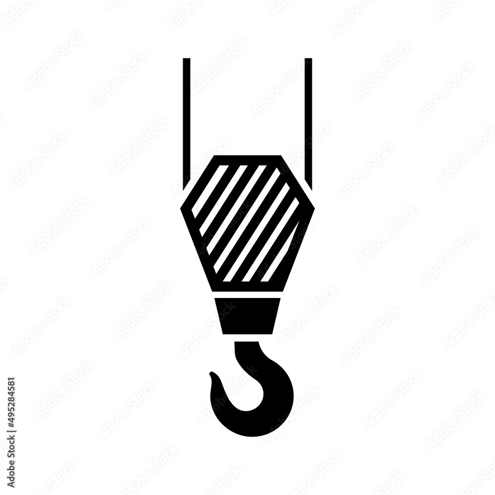 Crane hook icon. Vector illustration of part of construction crane. Lifting  hook symbol isolated on white background. Simple, flat, silhouette  graphics. Stock Vector