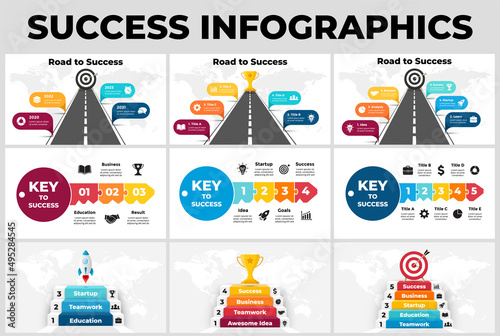Successful startup. Business Infographics. Road and key to success. Presentation roadmap slide templates. 3, 4, 5, 6, 7, 8 steps. Stairs up. Winner cup. Rocket launch. 