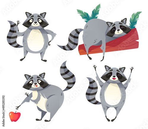 Happy smiling raccoon cartoon character design element illustration set