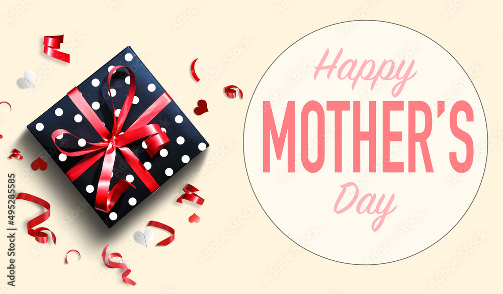 Top view aerial image of decoration Happy mothers day holiday background concept. Flat lay mom white card with gift box